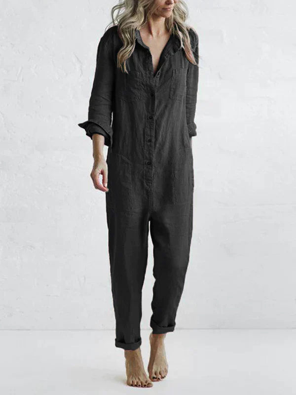 Rebecca - long sleeve button-up casual jumpsuit with lapels and pockets