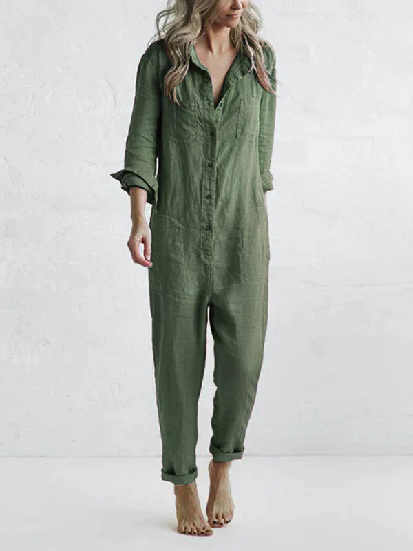 Rebecca - long sleeve button-up casual jumpsuit with lapels and pockets