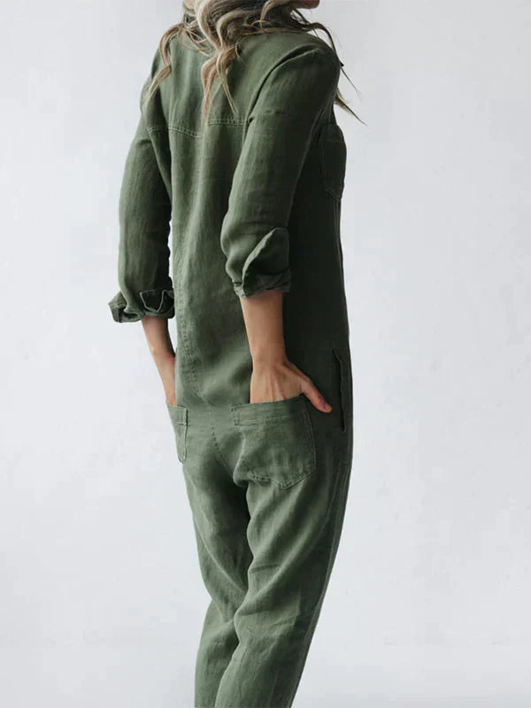 Rebecca - long sleeve button-up casual jumpsuit with lapels and pockets