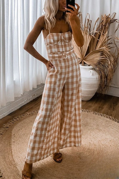 Plaid slip jumpsuits with a wide leg opening