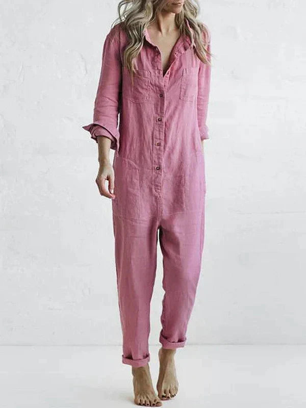 Rebecca - long sleeve button-up casual jumpsuit with lapels and pockets