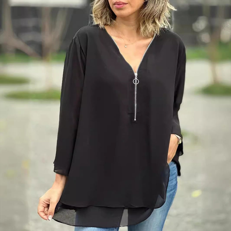 Katie™ | Chiffon Zipper Top With V-neck 1+1