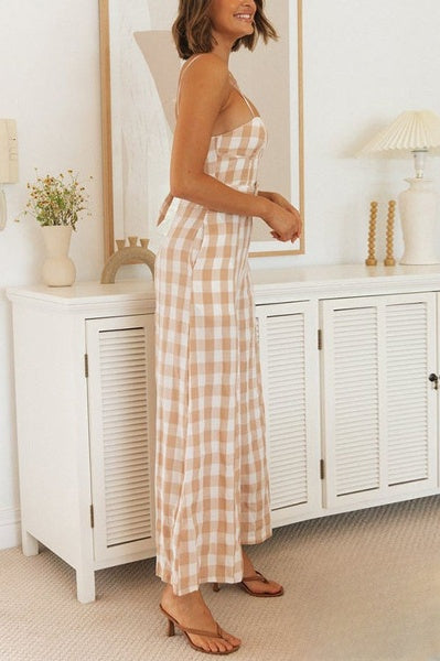 Plaid slip jumpsuits with a wide leg opening