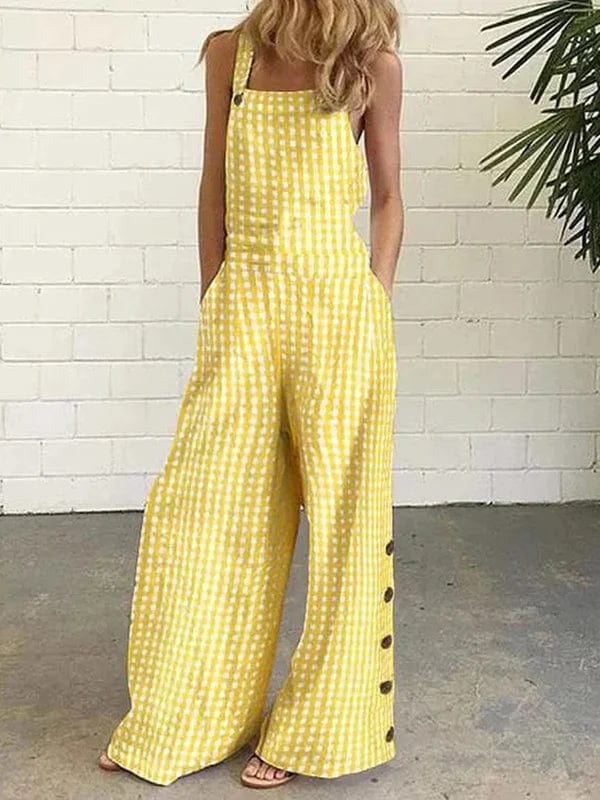 Victoria - Oversized button-up collarless jumpsuit with plaid pockets