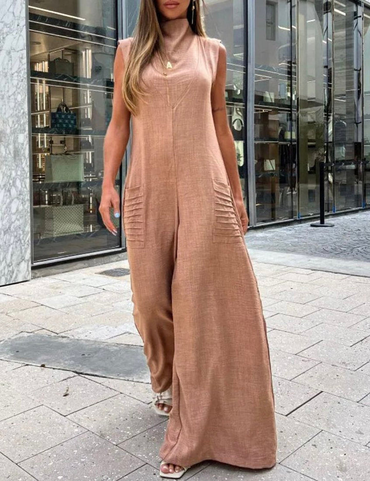 Casual Loose Solid Jumpsuit with Pockets Sleeveless