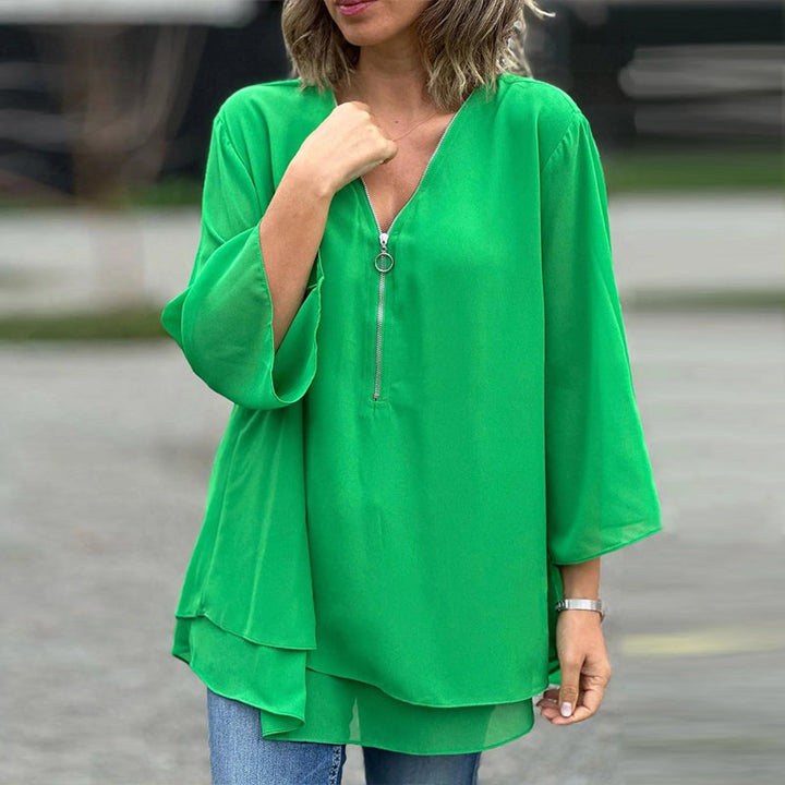 Katie™ | Chiffon Zipper Top With V-neck 1+1