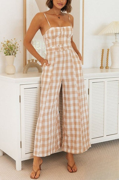 Plaid slip jumpsuits with a wide leg opening