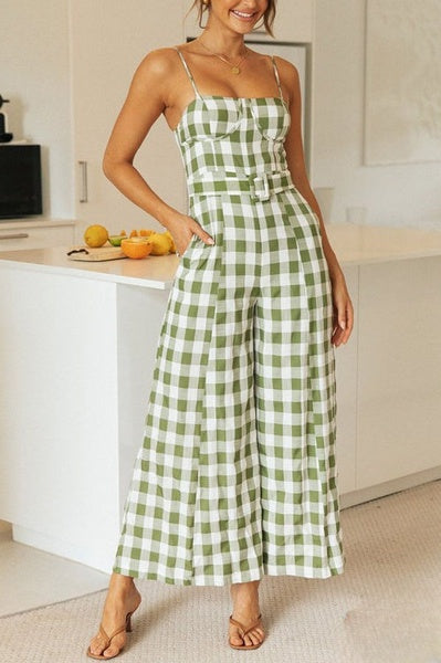 Plaid slip jumpsuits with a wide leg opening