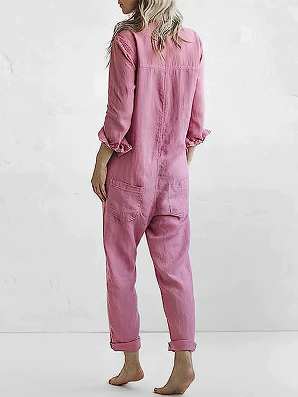 Rebecca - long sleeve button-up casual jumpsuit with lapels and pockets