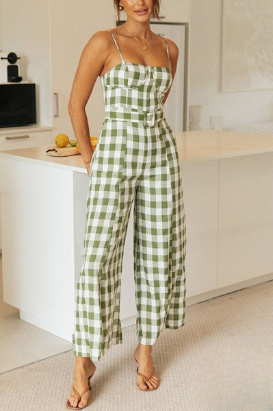 Plaid slip jumpsuits with a wide leg opening