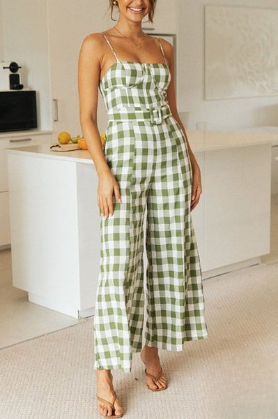 Plaid slip jumpsuits with a wide leg opening