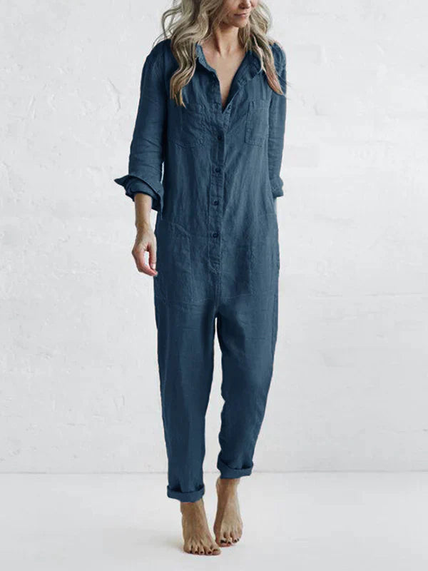 Rebecca - long sleeve button-up casual jumpsuit with lapels and pockets