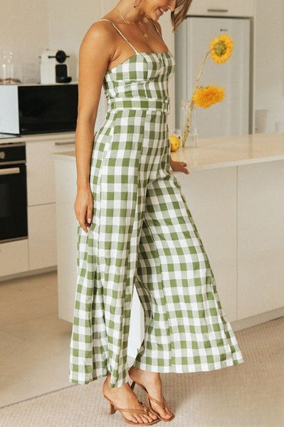 Plaid slip jumpsuits with a wide leg opening