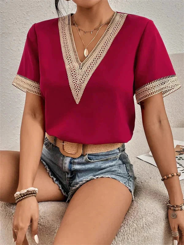 Boho Chic Crochet Trim V-neck Top | Olivia