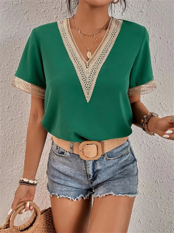 Boho Chic Crochet Trim V-neck Top | Olivia