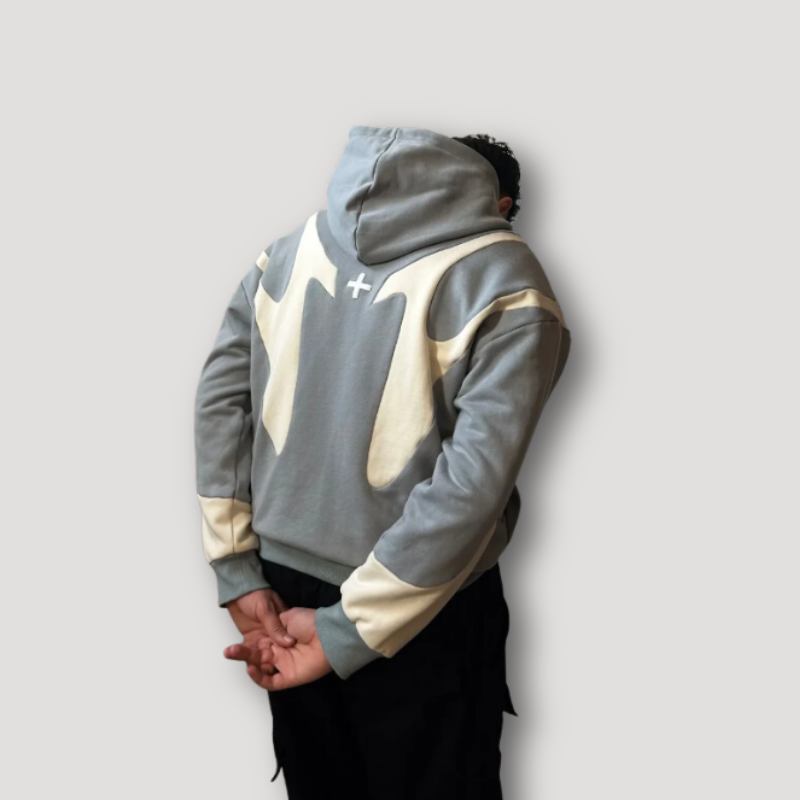 White Tribal Patchwork Zip Up Hoodie Streetwear