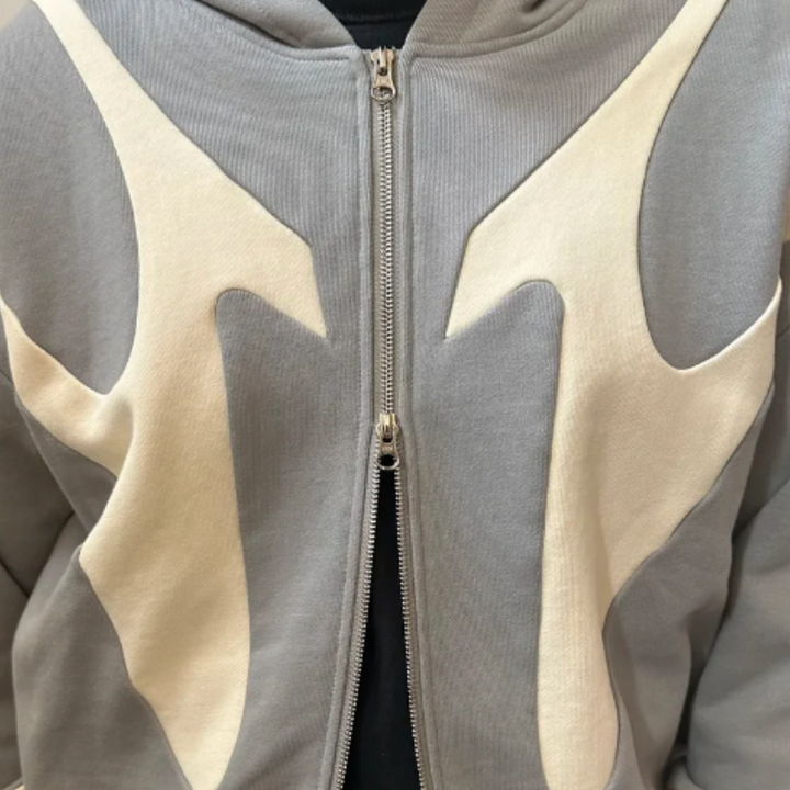 White Tribal Patchwork Zip Up Hoodie Streetwear