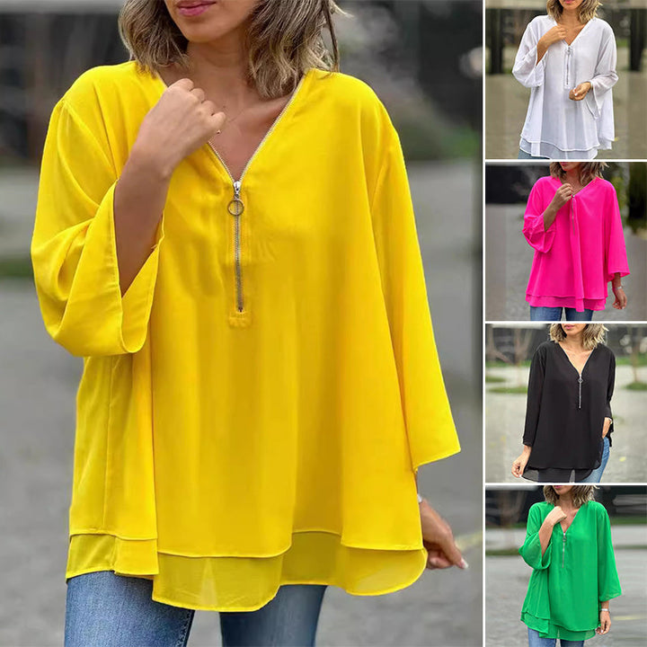 Katie™ | Chiffon Zipper Top With V-neck 1+1