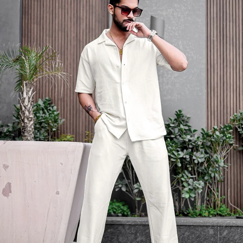 Summer Outfits Button Up Cream Linen Shirt and Pants Set