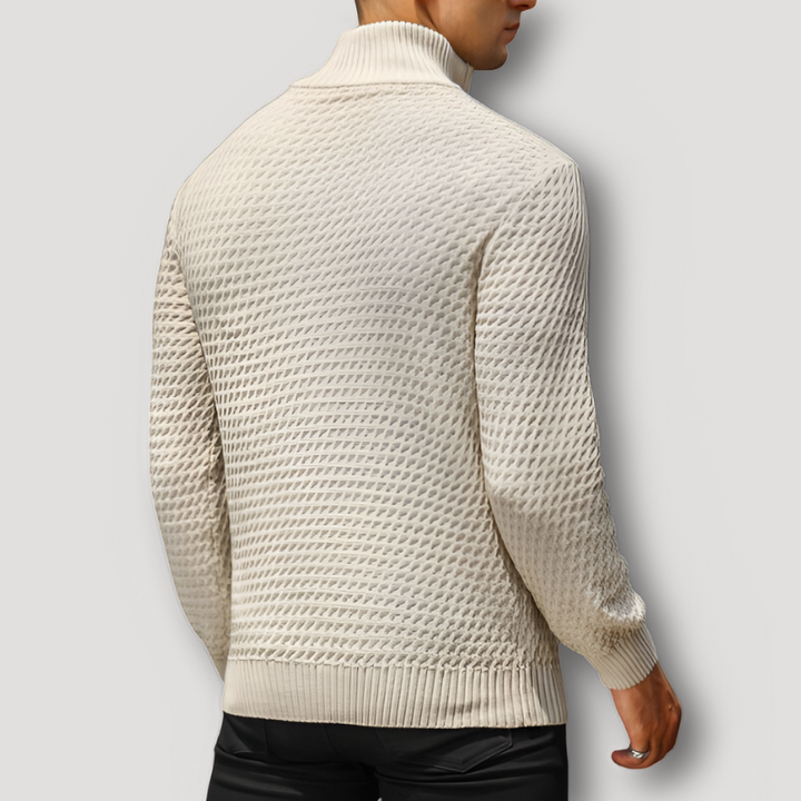 Slim Fit Quarter Zip Textured Waffle Knitted Pattern Sweater