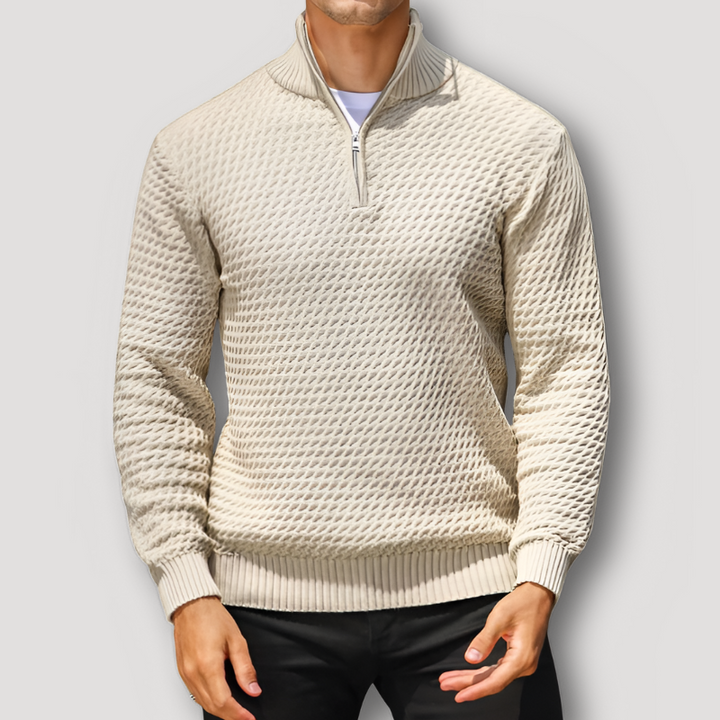 Slim Fit Quarter Zip Textured Waffle Knitted Pattern Sweater