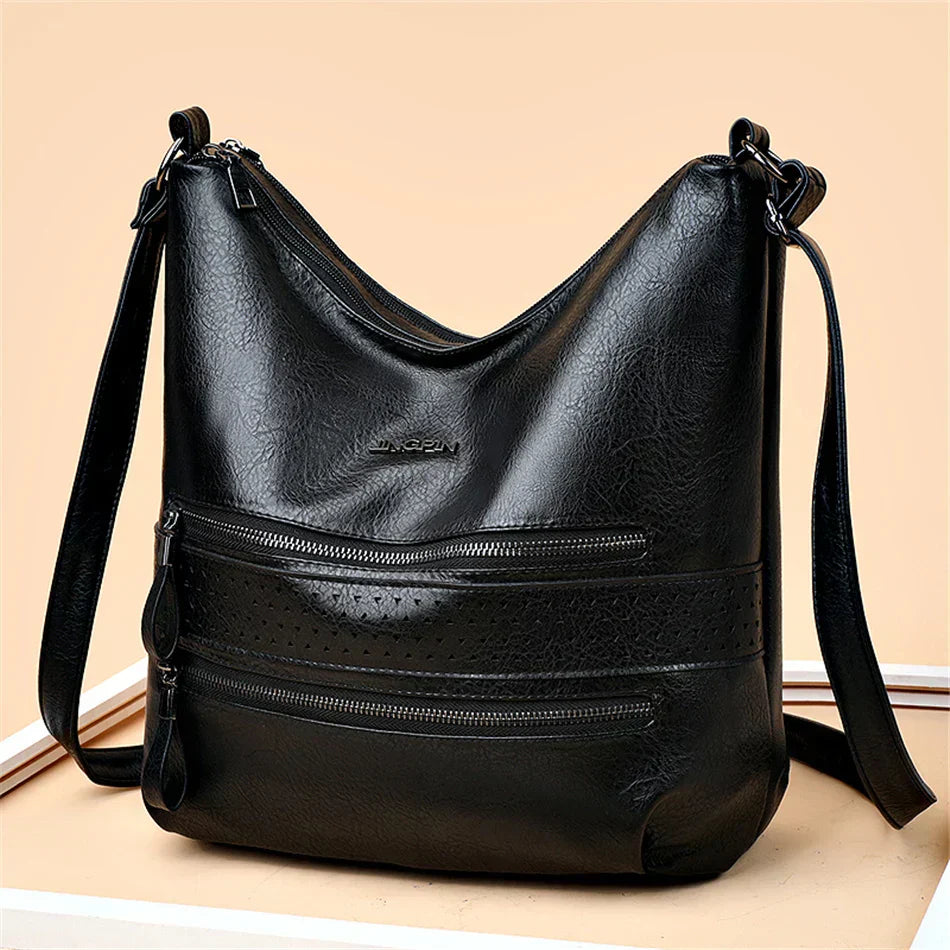 Aaliyah - Double Zipper Leather Shoulder Bag