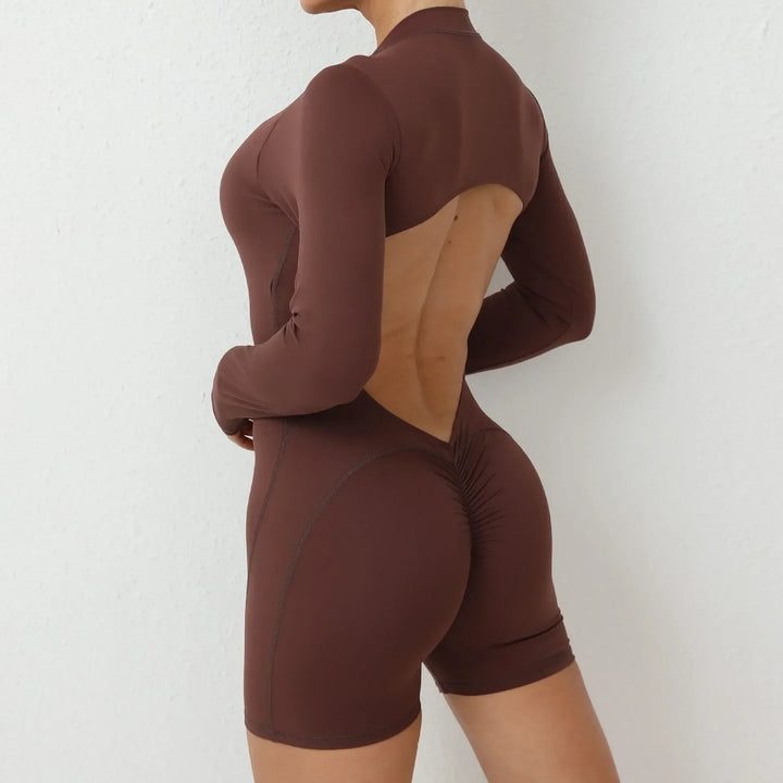 Beauty - Backless Long-Sleeved Sportwear Scrunch Butt - Chocolate, Red, Sapphire Blue