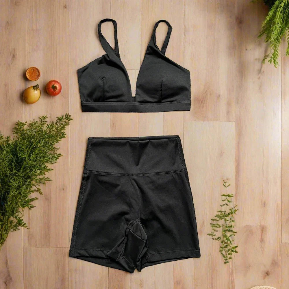 Shilo -  V Neck Sport Crop with Scrunch Butt High Waist Shorts Set