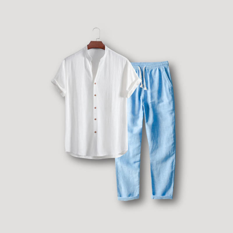 Button Up Henley Shirt Linen Pants Casual Summer Set