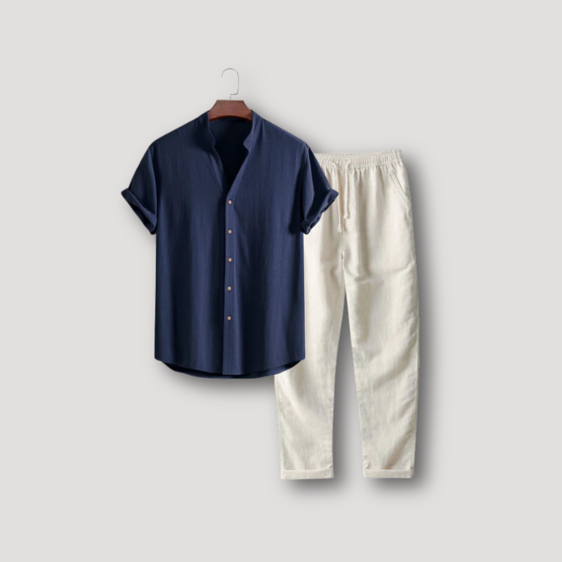 Button Up Henley Shirt Linen Pants Casual Summer Set