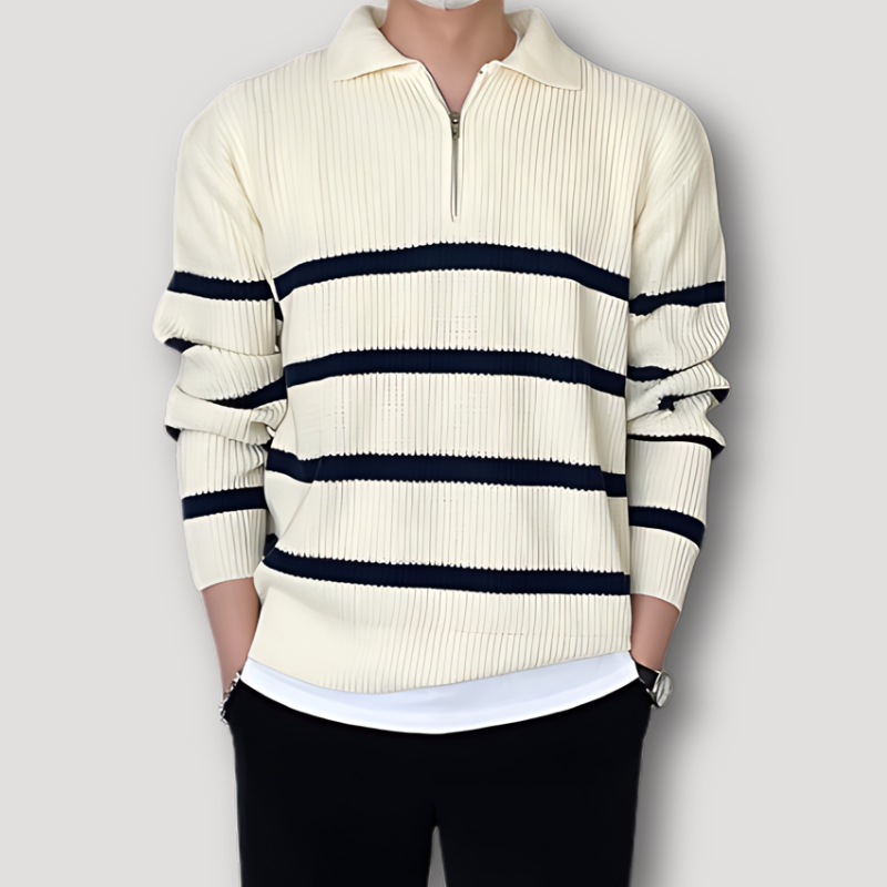 Ribbed Knit Striped Quarter Zip Sweater for Men