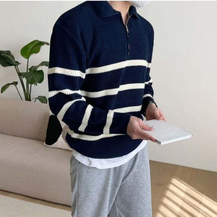 Ribbed Knit Striped Quarter Zip Sweater for Men