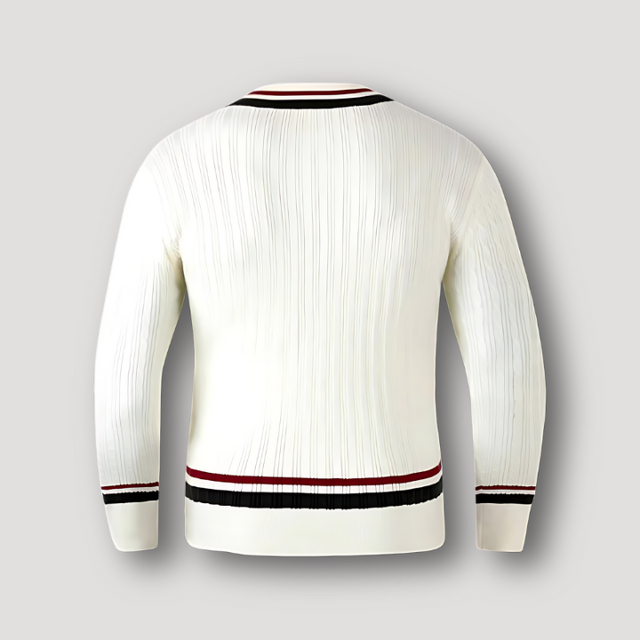 White V-Neck Striped Cable Knit Sweater Man