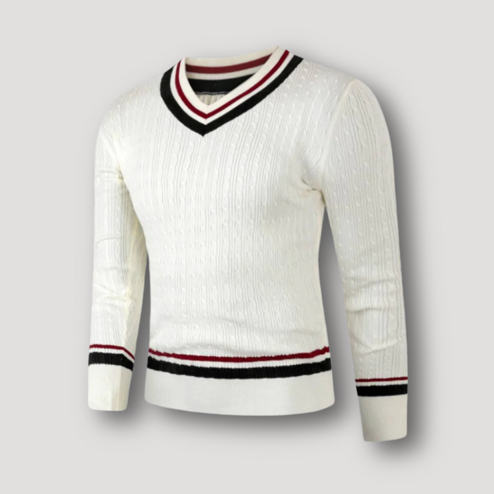 White V-Neck Striped Cable Knit Sweater Man