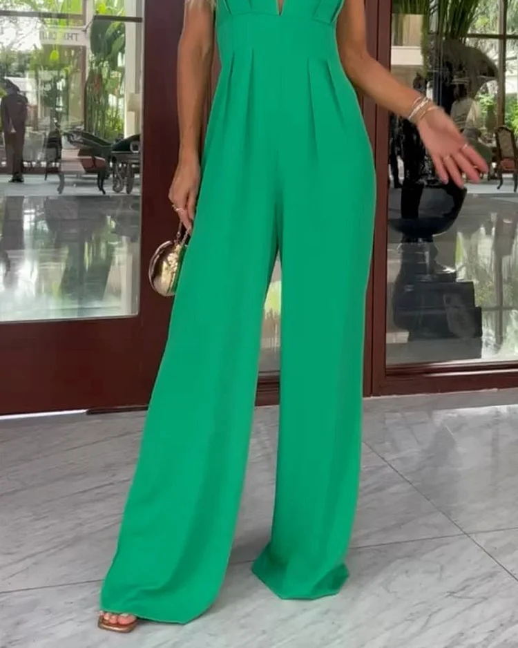 Solid Color Sleeveless V-Neck Casual Jumpsuit