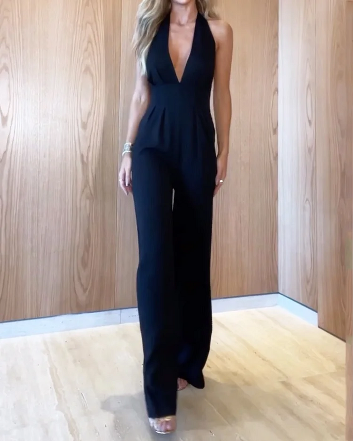 Solid Color Sleeveless V-Neck Casual Jumpsuit