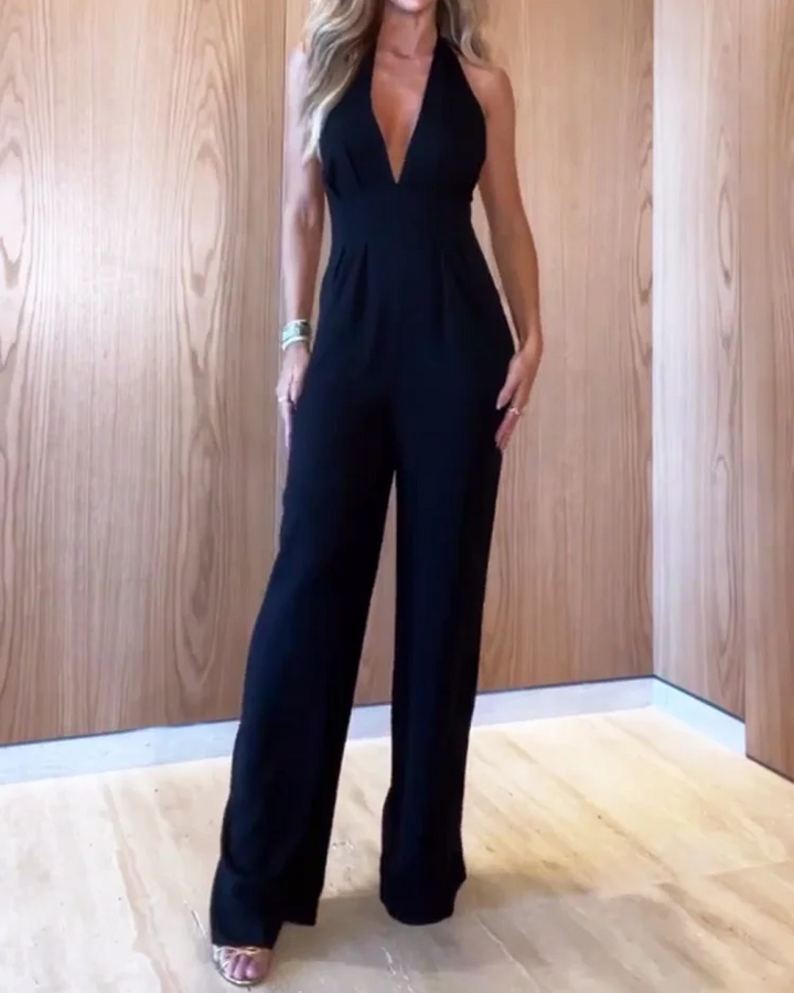 Solid Color Sleeveless V-Neck Casual Jumpsuit