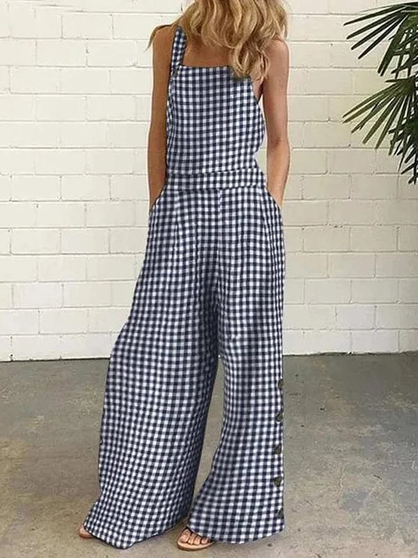 Victoria - Oversized button-up collarless jumpsuit with plaid pockets