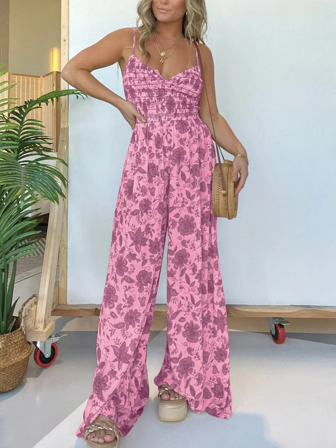 Judith - Wide Leg Jumpsuit with Floral Straps