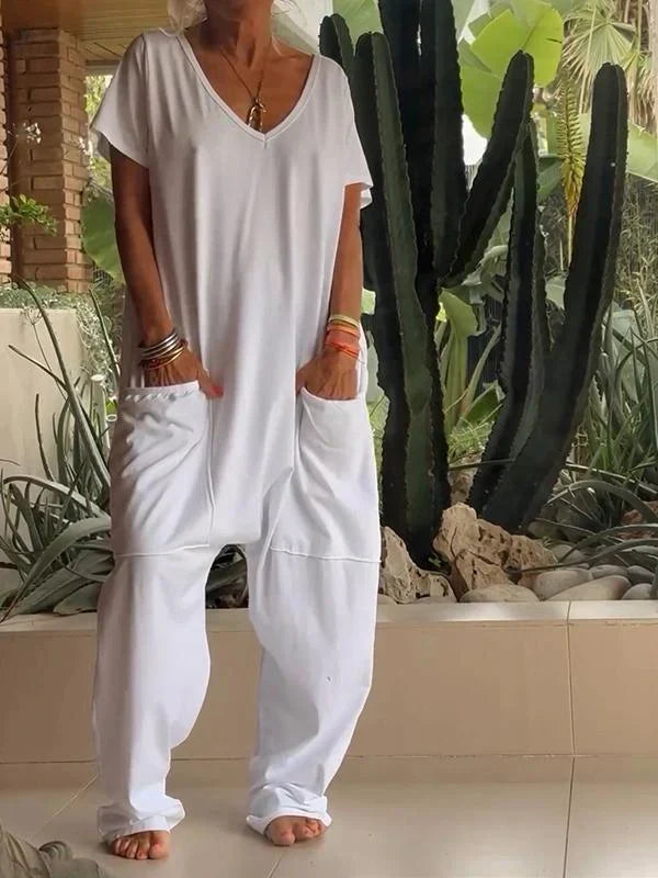 Emma - Solid Casual Jumpsuit with V-neck