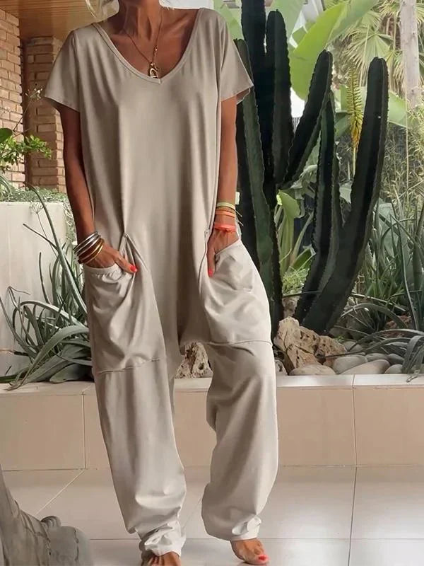 Emma - Solid Casual Jumpsuit with V-neck