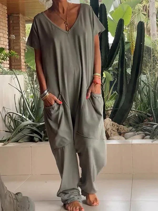 Emma - Solid Casual Jumpsuit with V-neck