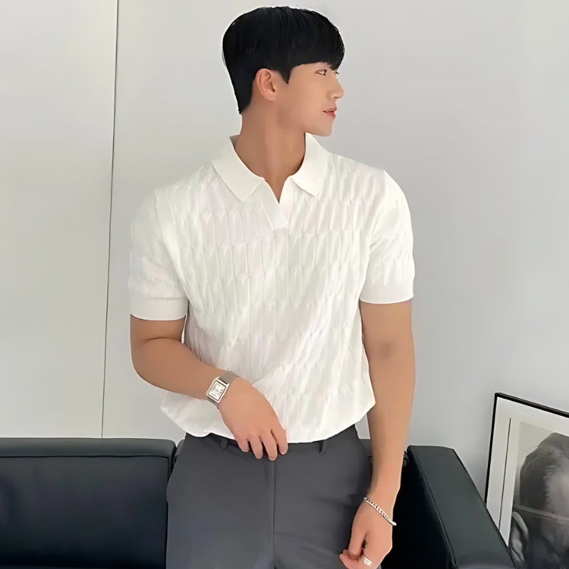 Short Sleeve Cable Knit V-Neck Polo Shirts Korean Style Man