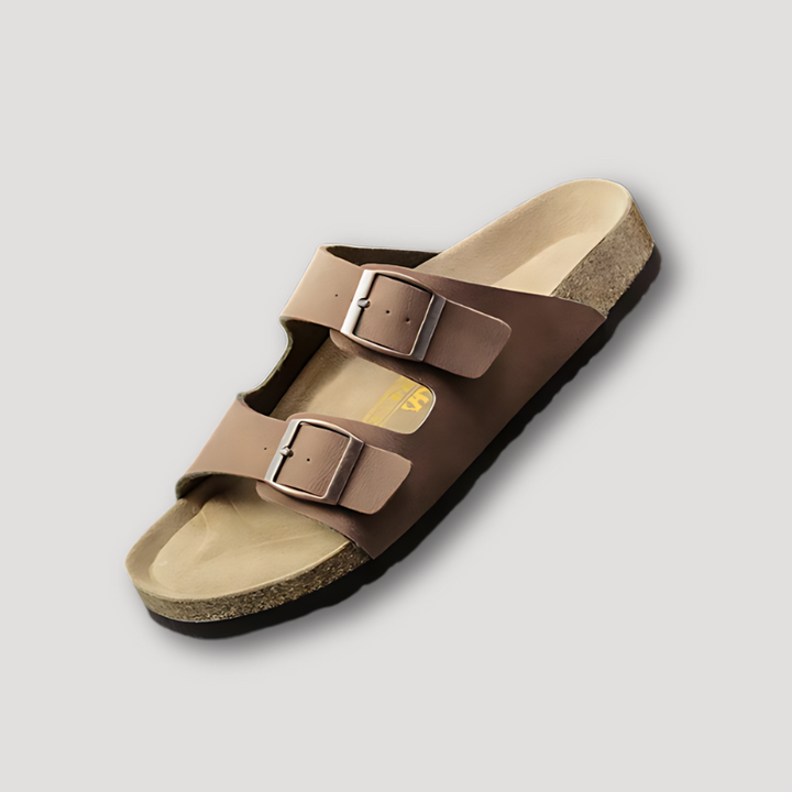 Double Buckle Leather Strap Cork Sandals