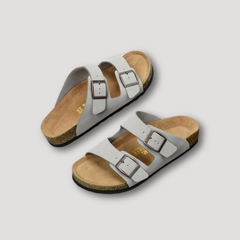 Double Buckle Leather Strap Cork Sandals